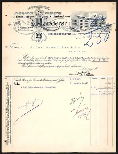 Rechnung Heilbronn a. N. 1903, A. Landerer Papierwarenfabrik, Buch- & Steindruckerei, Werkansicht