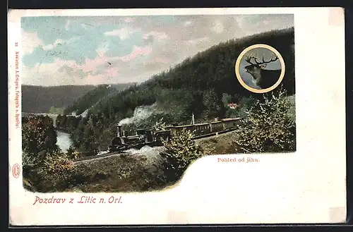 AK Litic n. Orl., Panorama mit Eisenbahn und Hirsch