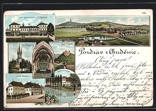 Lithographie Chudenice, Sv. Wolfgang, Stary zamek, Hrad Pusperk, Gesamtansicht