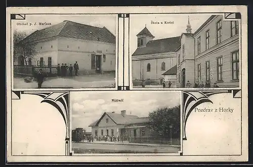 AK Horka nad Morarou, Nadrazi, Skola, Bahnhof
