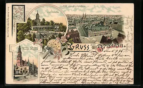 Lithographie Breslau, Liebichshöhe, Rathaus und Denkmal Friedrich Wilhelm III.