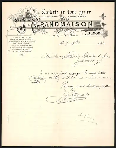 Rechnung Grenoble 1902, J. Grandmaison Toilerie en tout genre, Trousseaux & Layettes, Spinnerin bei der Arbeit