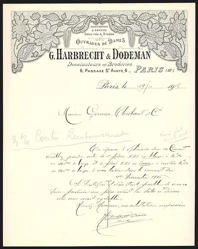 Rechnung Paris 1915, G. Harbrecht & Dodeman Dessinateurs en Broderies, Ouvrages de Dames, 6 Passage St. Avoy