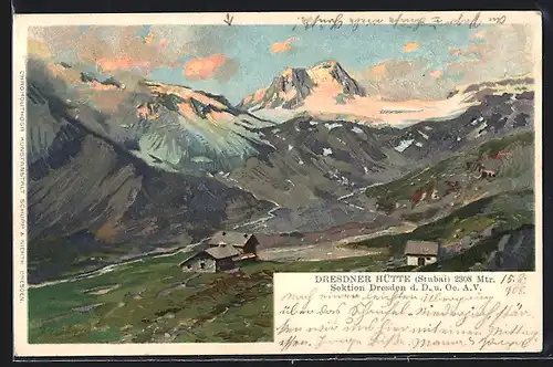 Lithographie Dresdner Hütte, Berghütte der Sektion Dresden d. D. u. Oe. A. V. im Stubai