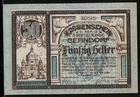 Notgeld Berndorf 1920, 50 Heller, Kirche, Bären