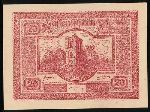 Notgeld Hinterbrühl 1920, 20 Heller, Turm auf Hügel