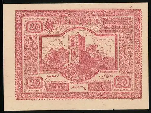 Notgeld Hinterbrühl 1920, 20 Heller, Turm auf Hügel