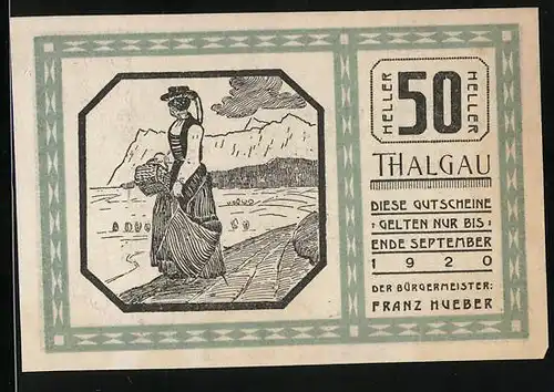 Notgeld Thalgau 1920, 50 Heller, Frau in Tracht