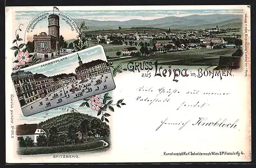 Lithographie Leipa i. Böhmen, Spitzberg, Marktplatz, Kronprinzessin Stefanie-Turm