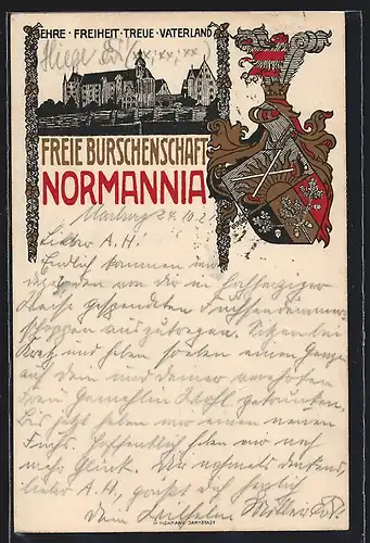 Künstler-AK Studentenwappen der Freien Burschenschaft Normannia