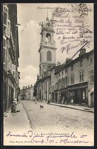 AK Pont-à-Mousson, Rue et Eglise Saint-Laurent