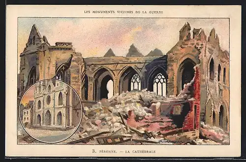 Künstler-AK Péronne, les monuments victimes de la guerre, la cathédrale