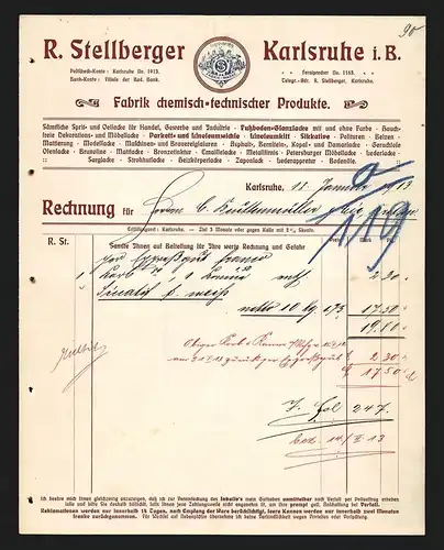 Rechnung Karlsruhe 1913, R. Stellberger, Fabrik chemisch-technischer Produkte, Firmenlogo