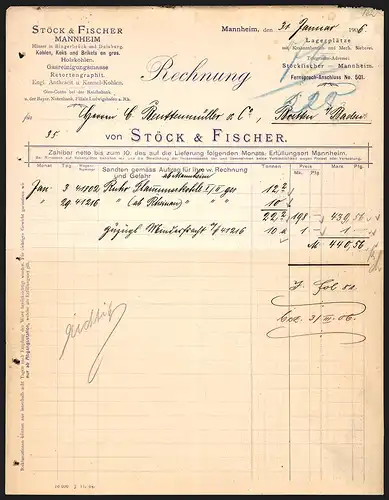 Rechnung Mannheim 1906, Stöck & Fischer, Kohlen, Koks und Brikets en gros