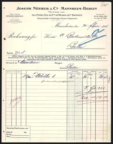 Rechnung Mannheim 1913, Joseph Nöther & Co., Vertreter von Les Petits-Fils de F. de Wendel & Cie. Hayingen