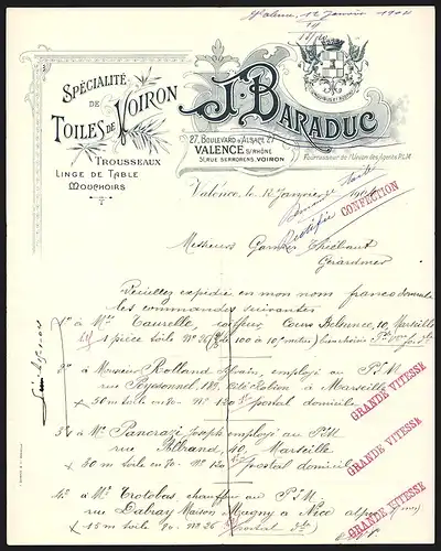Rechnung Valence 1904, J. Baraduc, Spécialité de Toiles de Voiron, 27 Boulevard d`Alsace, Wappen