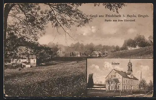 AK Friedebach / Sayda, Schule, Partie aus dem Oberdorf