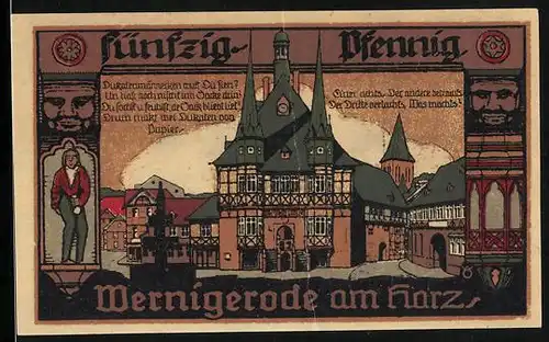 Notgeld Wernigerode am Harz 1920, 50 Pfennig, Ortsansicht, Wappen