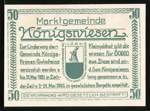 Notgeld Königswiesen 1921, 50 Heller, Wappen, Bäume