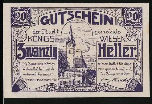 Notgeld Königswiesen 1921, 20 Heller, Kirche