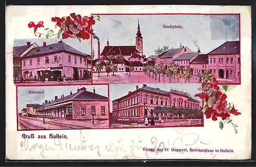 AK Hullein, Bahnhof, Schule, Stadtplatz