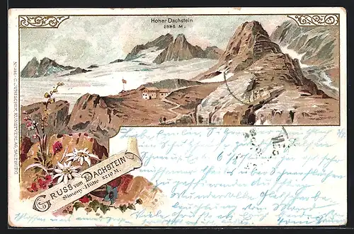 Lithographie Simony-Hütte mit hoher Dachstein