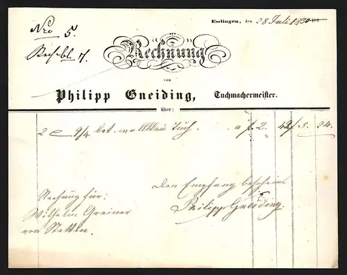 Rechnung Esslingen 1850, Philipp Gneiding, Buchmachermeister