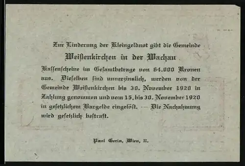 Notgeld Weissenkirchen in der Wachau 1920, 50 Heller, Hof mit Torbögen