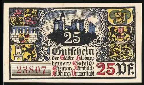 Notgeld Hildburghausen, 25 Pfennig, Wappen, Blick auf die Burg