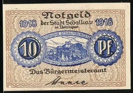 Notgeld Schalkau i. Thür. 1918, 10 Pfennig, An der Ruine Schaumburg, Wappen