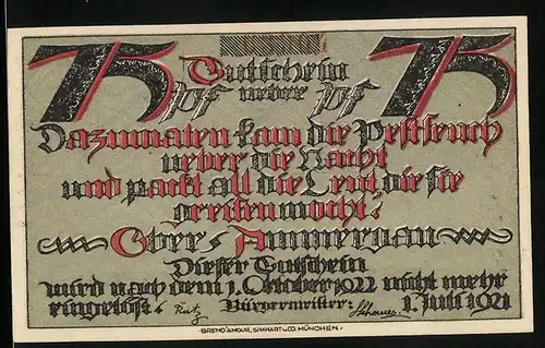 Notgeld Ober-Ammergau 1921, 75 Pfennig, Der Tod im Umhang mit Sichel und Krone