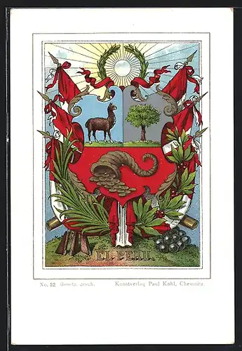 Lithographie Wappen und Flaggen von Peru