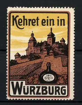 Reklamemarke Kehret ein in Würzburg, Weinflasche, Stadtansicht