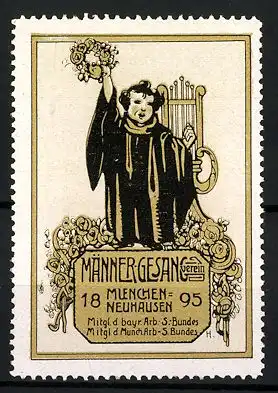 Reklamemarke Männer-Gesang-Verein München-Neuhausen, 1895, Münchner Kindl mit Lyra, gelb