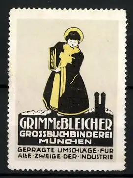 Reklamemarke Grossbuchbinderei Grimm & Bleicher München, Münchner Kindl mit Buch