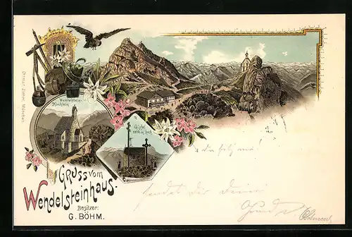 Lithographie Ansicht vom Wendelsteinhaus, Wendelstein-Kirchlein, Gipfel