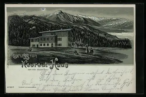 Lithographie Neureut-Haus, Gäste vor der Berghütte und Blick ins Land