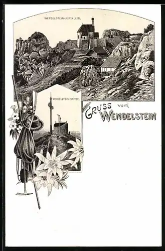 Lithographie Wendelstein-Kirchlein und Wendelstein-Spitze