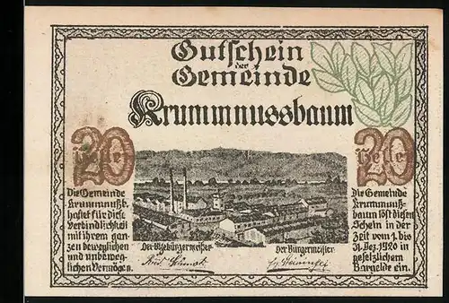 Notgeld Krummnussbaum 1920, 20 Heller, Teilansicht mit Fabriken, krummer Nussbaum