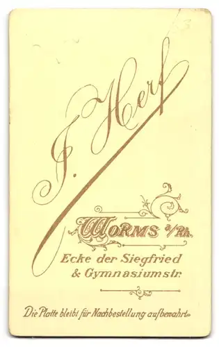 Fotografie J. Herf, Worms a. Rh., Ecke der Siegfried & Gymnasiumstr., Junge Dame im Kleid mit Puffärmeln