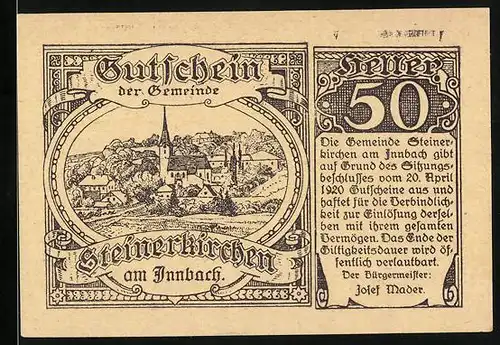 Notgeld Steinerkirchen am Innbach, 50 Heller, Blick zur Kirche