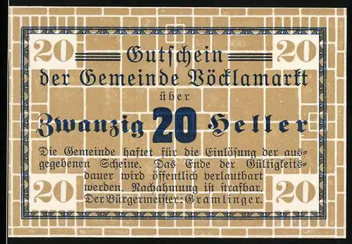 Notgeld Vöcklamarkt, 20 Heller, Gutschein