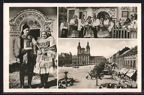 AK Uh. Hradiste, Männer und Frauen in Tracht, Marktplatz