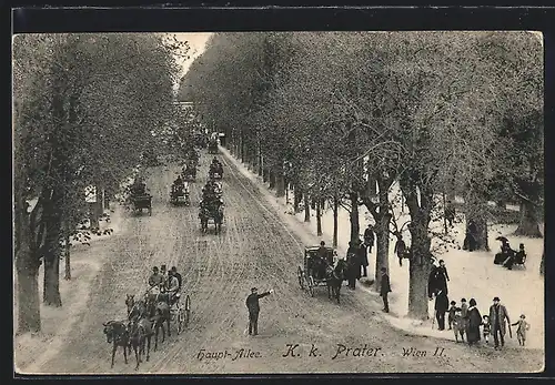 AK Wien, Wiener Prater, Haupt-Allee mit Pferdewägen