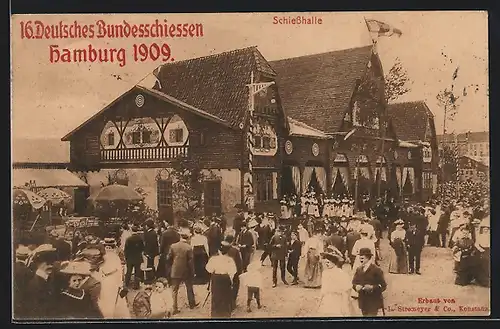 AK Hamburg, 16. Deutsches Bundesschiessen 1909, vor der Schiesshalle