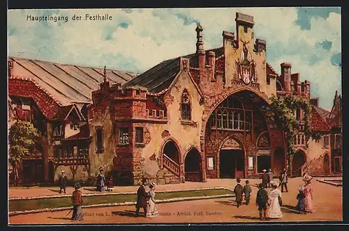 Künstler-AK Hamburg, 16. Deutsches Bundesschiessen 1909, Haupteingang der Festhalle