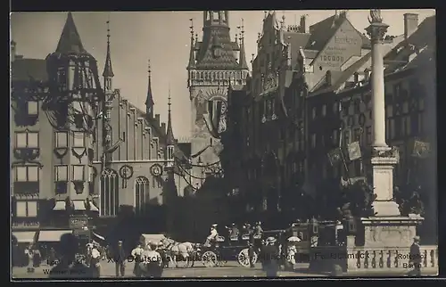 Foto-AK München, Festschmuck zum Deutsches Bundesschiessen, Marienplatz, Pferdebahn