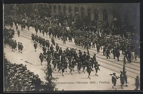 AK München, XV. Deutsches Bundesschiessen 1906, Festzug mit Kapelle