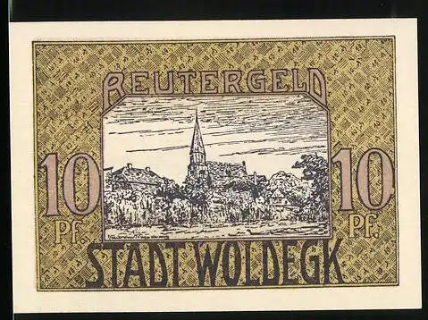 Notgeld Woldegk 1922, 10 Pfennig, Ortsansicht, Kirche