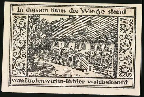 Notgeld Kranichfeld /Ilm 1921, 50 Pfennig, Geburtshaus des Lindenwirtin Dichters